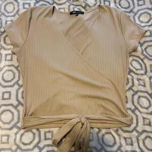 Tan v neck shirt front tie mid rise top